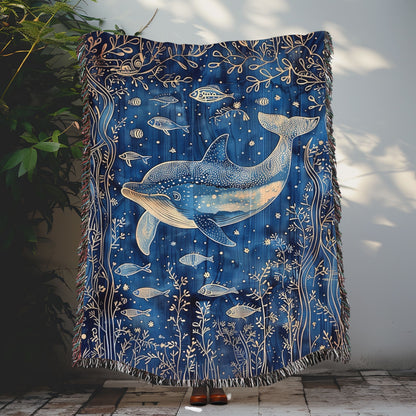 Indigo Ink Dolphin Pattern Woven Blanket, Cozy Home Decor Jacquard Cotton Throw, Bedding Blanket, Beach Picnic Wrap, Animal Lover Gift