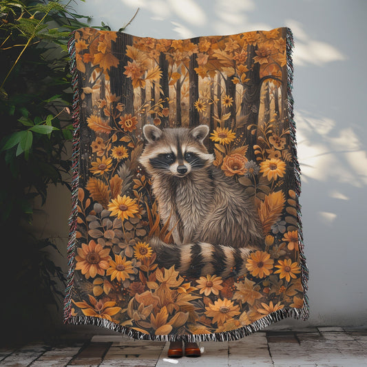 William Morris Inspired Woodland Raccoon Autumn Forest Woven Blanket, Home Decor Gift, Cozy Throw, Bedspread, Wall Tapestry