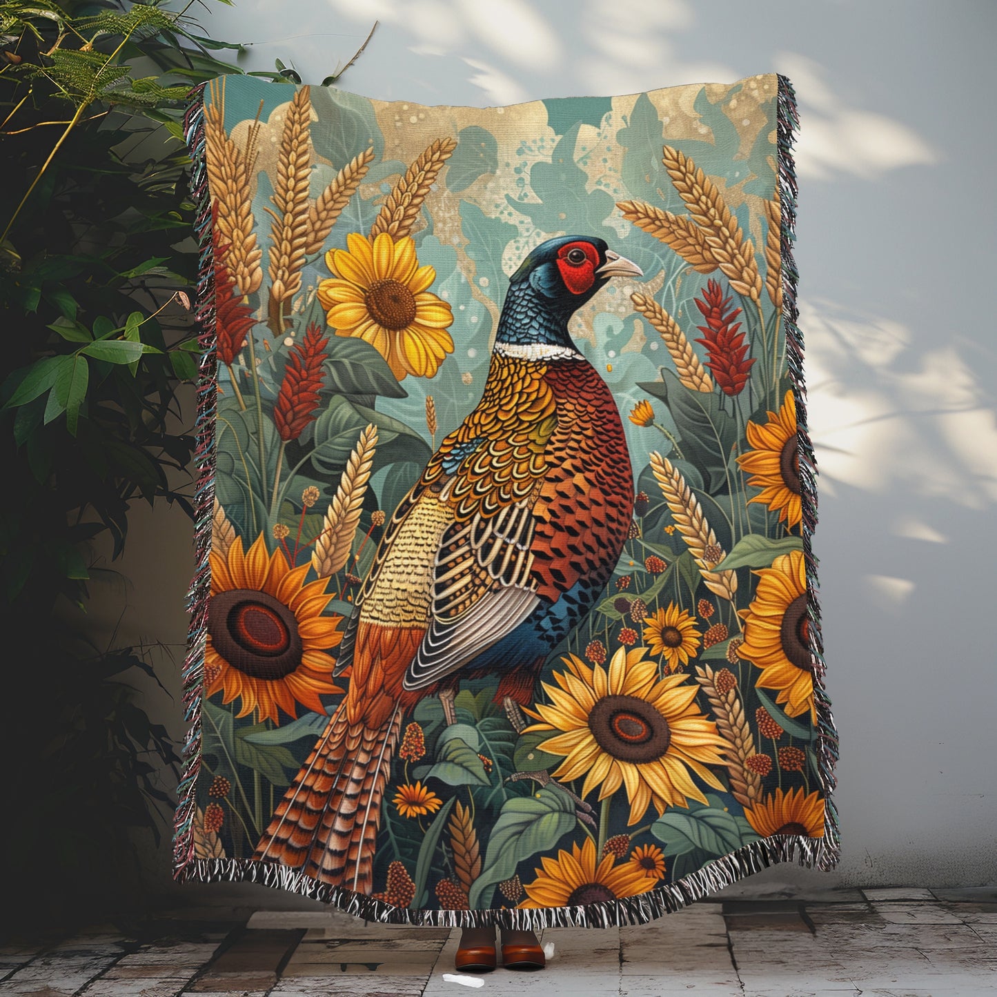 Art Deco Print Pheasant Grains Sunflowers, William morris Inspired Woven Cotton Blanket, Cozy Home Decor Blanket