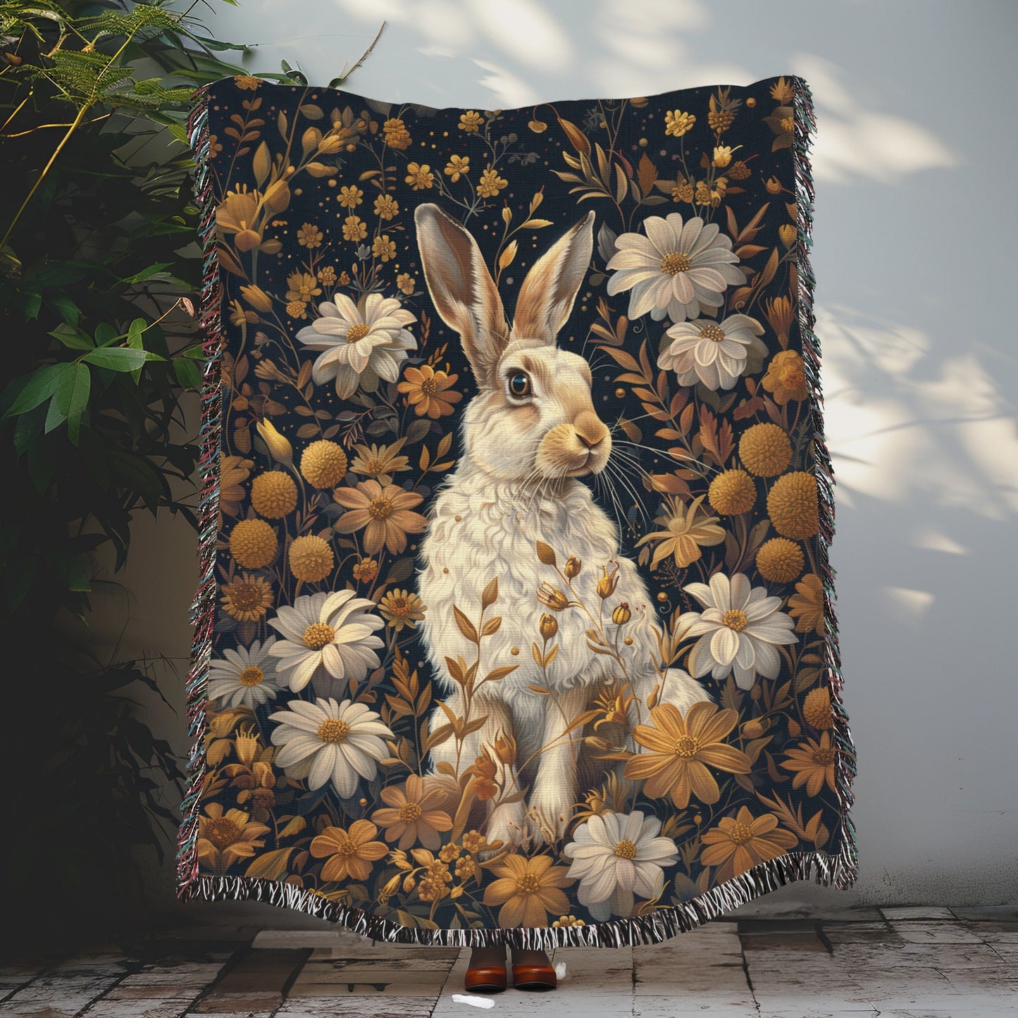 William Morris Inspired White Hare With Gold Winter Flowers Woven Blankets, Cozy Home Decor Jacquard Cotton Woven Blanket