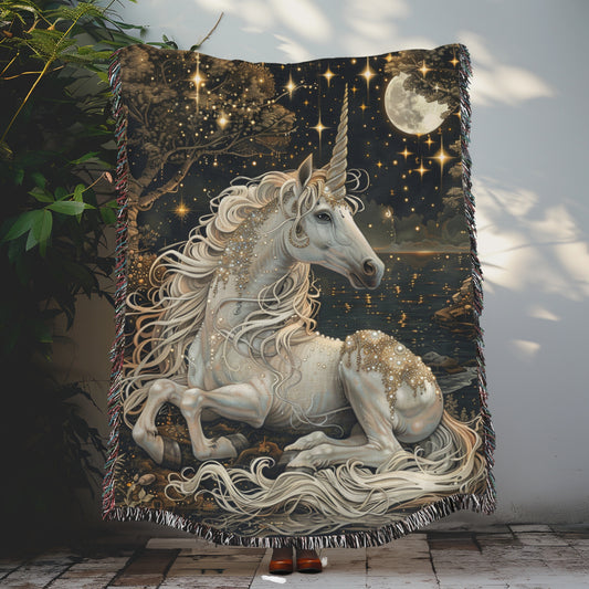 Victorian White Pearl Unicorn Crescent Moon Stars Art Woven Blanket, William Morris Style - Home Decor Gift, Cozy Throw, Wall Tapestry