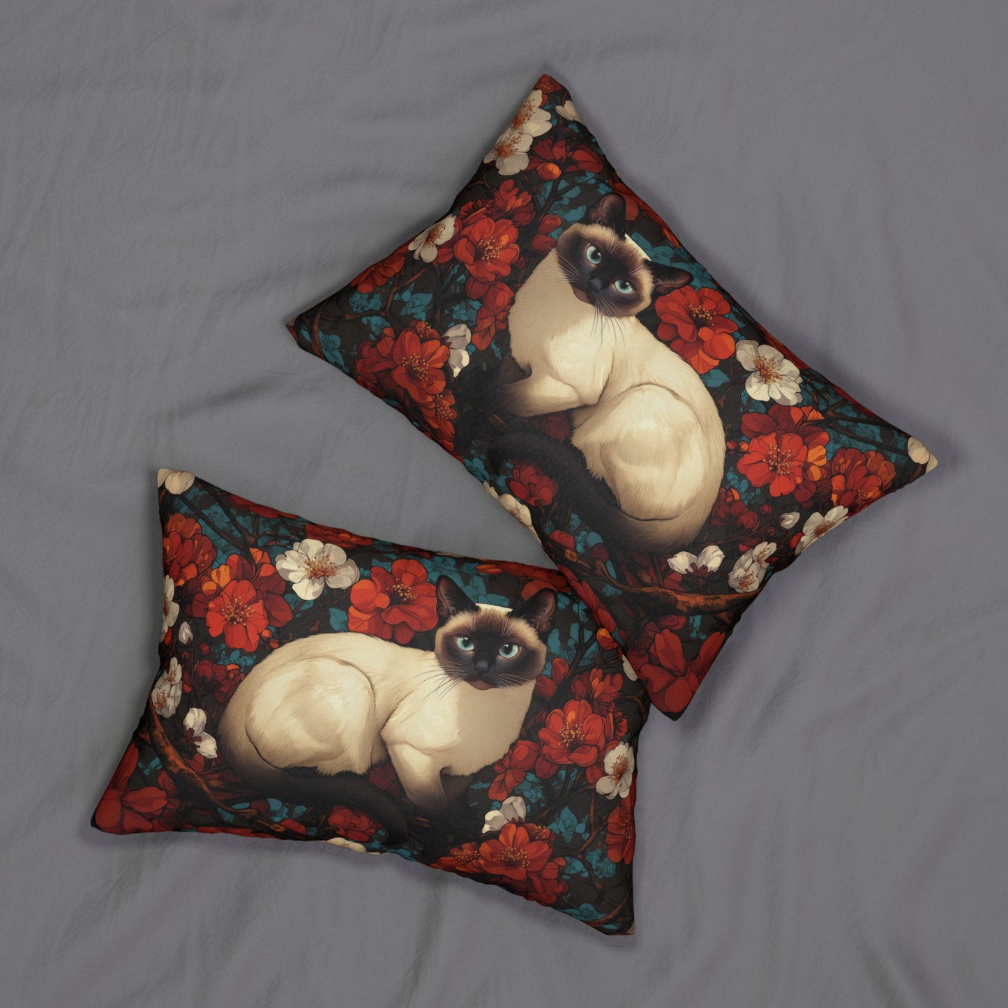 Siamese Cat Cherry Blossom Lumbar Pillow