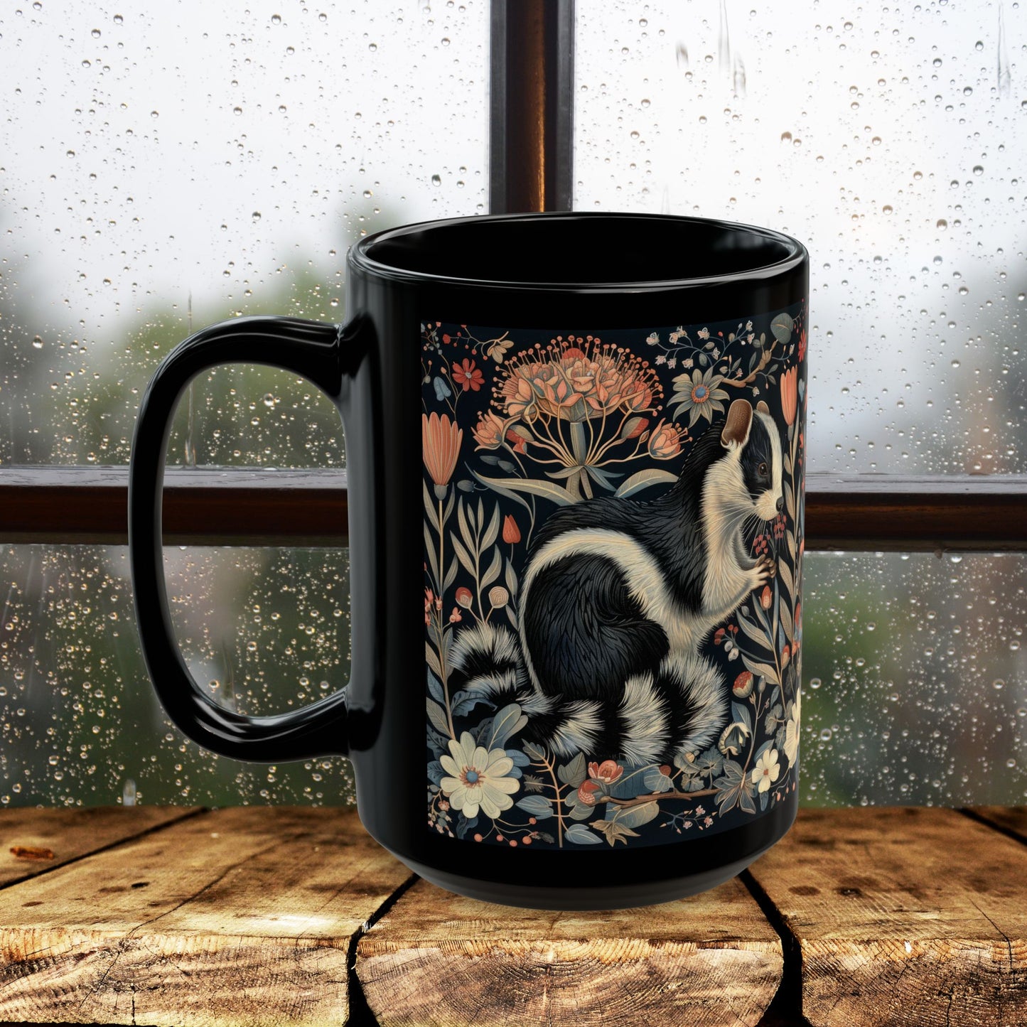 William Morris Inspired Floral Skunk Art Nouveau Coffee Mug For Her Him Ceramic Mug Black Mug 11oz, 15oz