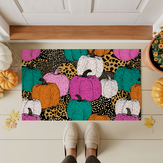 Leopard Print Pumpkin Doormat, Colorful Fall Entry Rug with Teal, Pink, Orange, White Pumpkins, Trendy Autumn Decor (30" x 18")