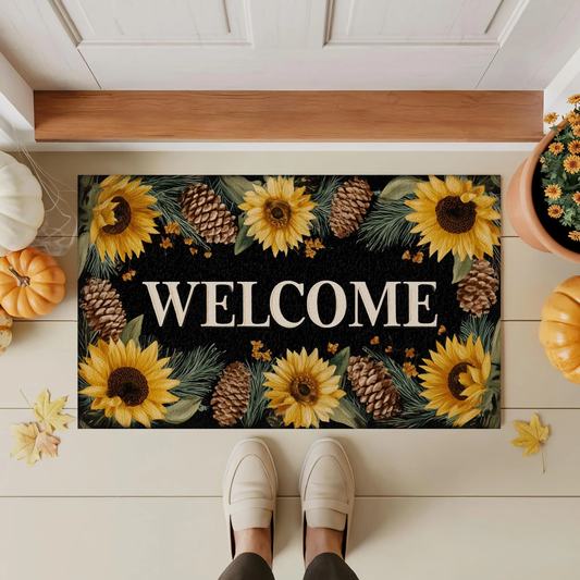 Sunflower Welcome Doormat, Rustic Farmhouse Entry Rug with Pinecones & Seasonal Florals, Indoor Outdoor Mat