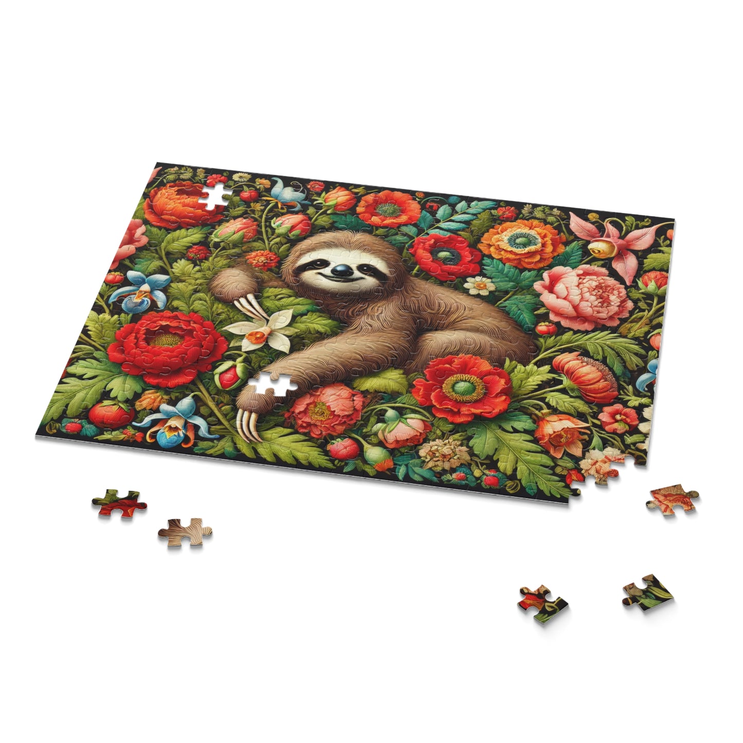 William Morris Inspired Cozy Sloth Floral Puzzle (120, 252, 500-Piece) Fun Family Activity, Nature Lover Gift, Perfect for Relaxation