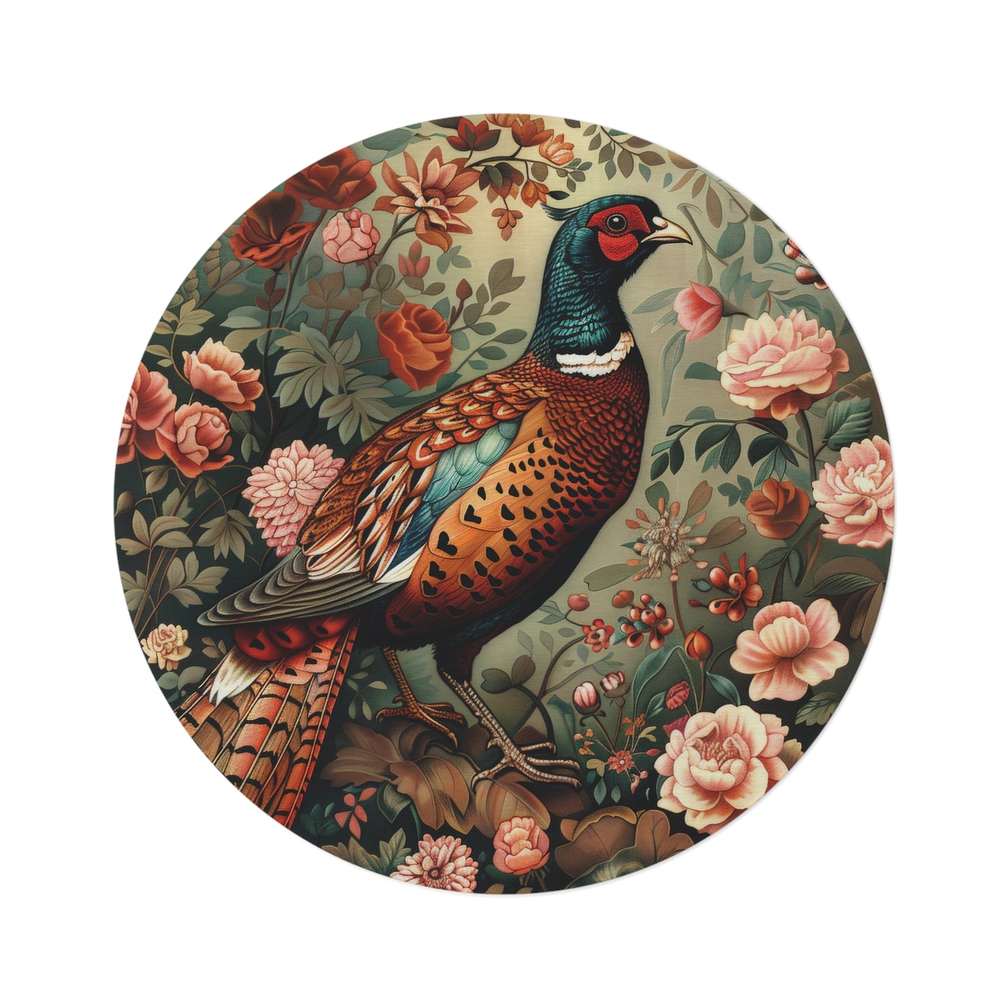 Pheasant Floral Garden, Art Deco Style Home Decor Round Area Rug, Living Room Fall Season Area Rug Decor