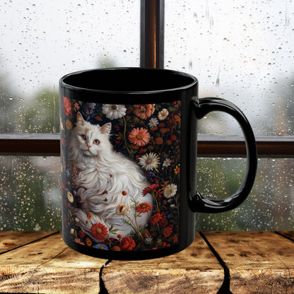 William Morris Inspired White Persian Cat Florals Garden Black Coffee Mug, Cat Lover Gift