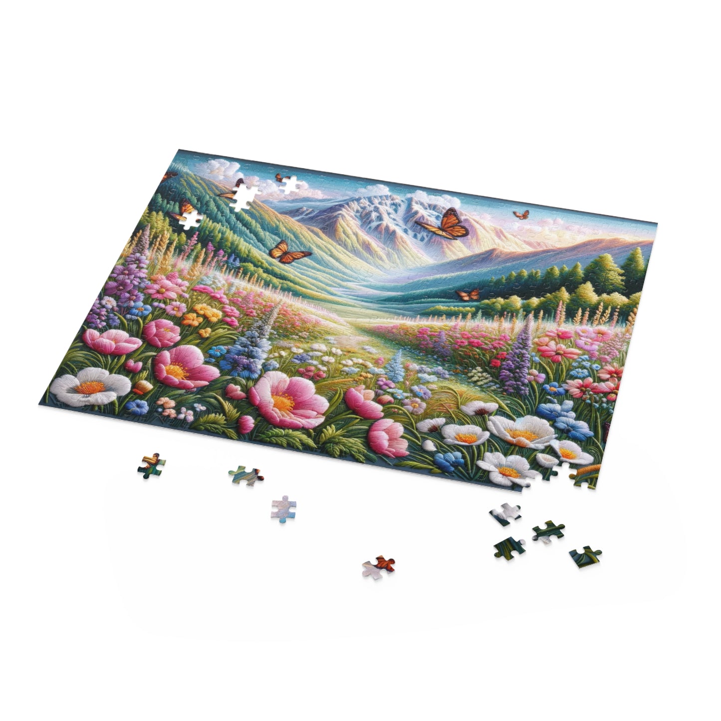 Field of Wildflowers and Butterflies Embroidered, Spring Scene Puzzle (120, 252, 500-Piece) Gift-Ready Box, Adult Jigsaw Puzzle