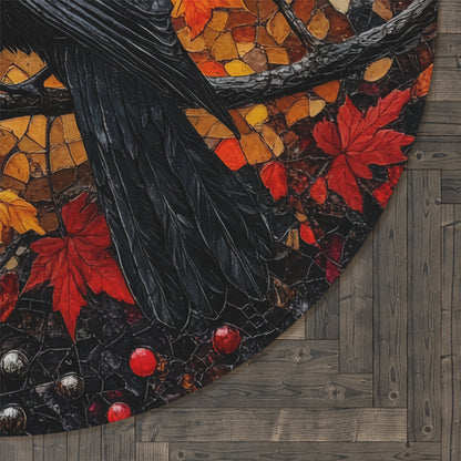 Mystical Raven Autumn Art Mosaic Round Area Rug | Elegant Fall-Inspired Living Room Home Decor Rug