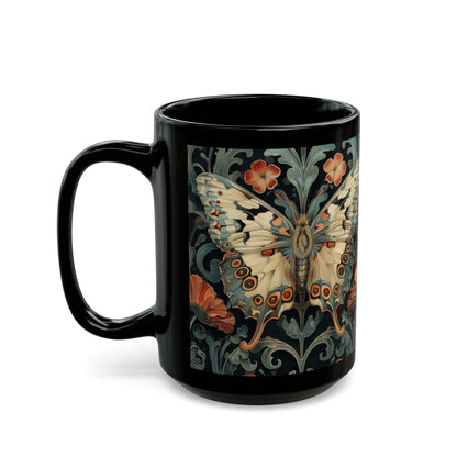 Woodland Botanical Butterfly William Morris Inspired Black Coffee Mug For Her Him Ceramic Mug Black Mug 11oz, 15oz