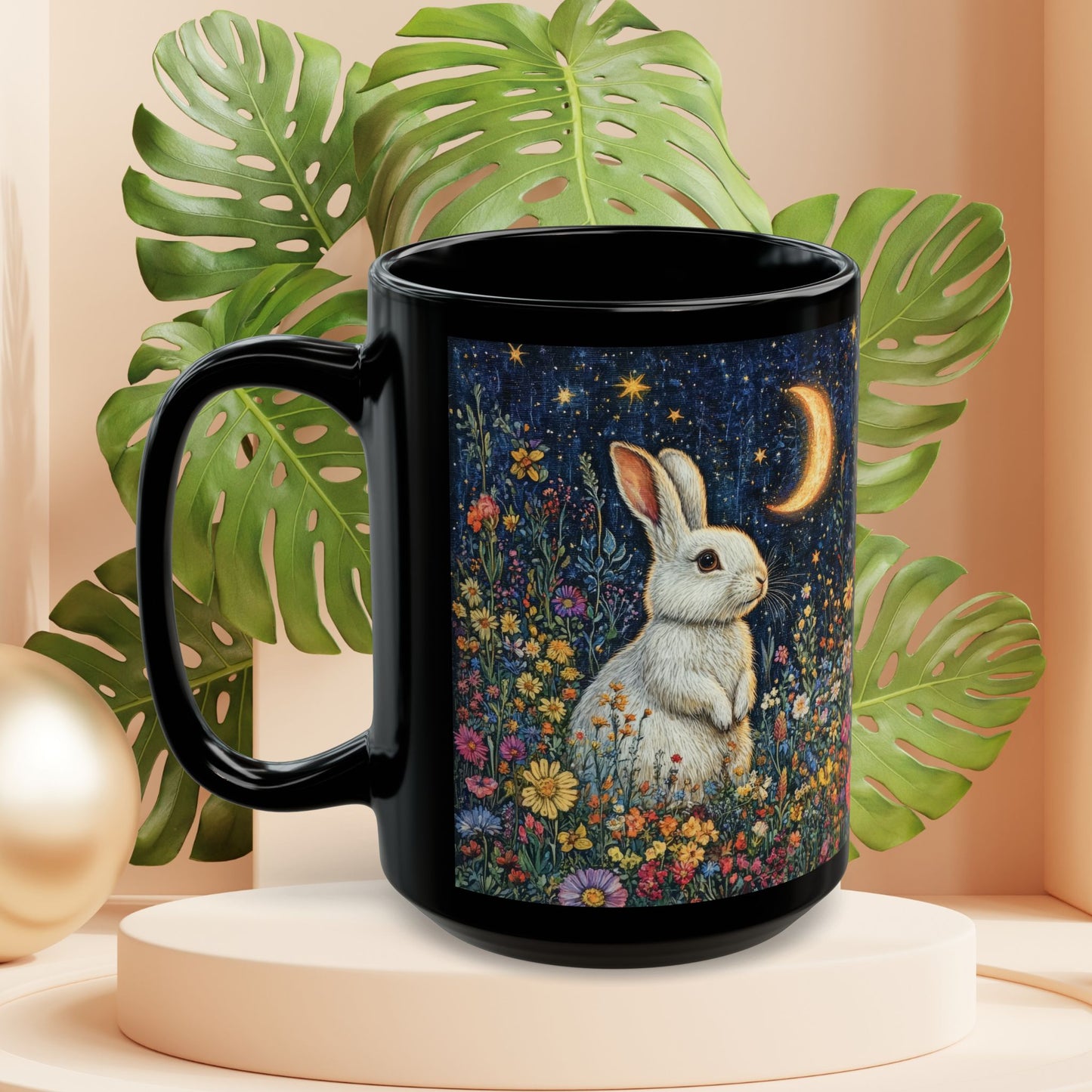 Rabbit Moon Wildflower Mug: Enchanting Bunny Coffee Cup