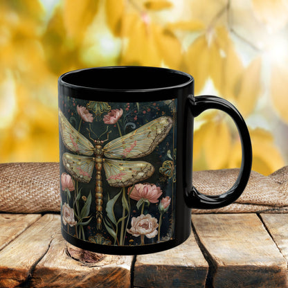 Victorian Dragonfly Coffee Mug, William Morris Inspired Pink Floral Black Ceramic Cup (11oz, 15oz)