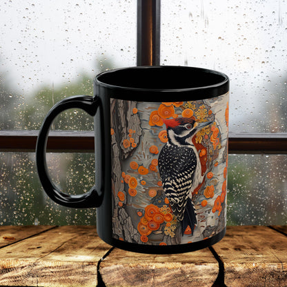 Woodpecker Black Mug - Vibrant Forest Bird Coffee Cup, Botanical Woodland Art Gift, Rustic Nature Drinkware