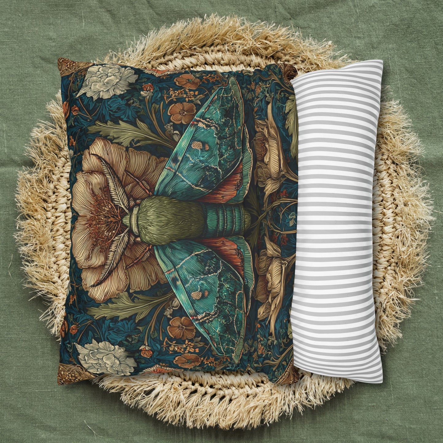 William Morris Inspired Moth Pillowcase, Teal Botanical Art Nouveau Cushion, Vintage Floral Nature Square Pillowcase