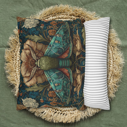 William Morris Inspired Moth Pillowcase, Teal Botanical Art Nouveau Cushion, Vintage Floral Nature Square Pillowcase
