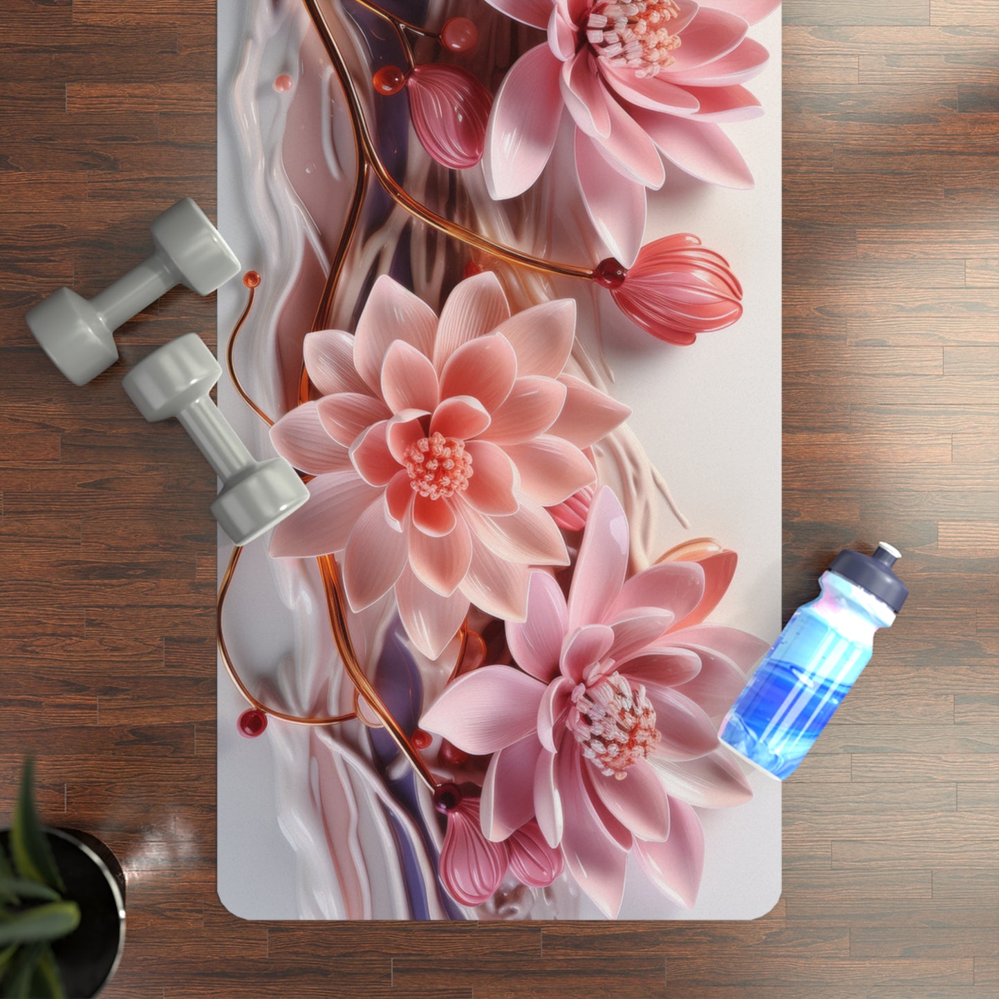 3D Pink Gold Water Lily  Rubber Yoga Mat, Pilates Mat, Eco-Friendly Workout Mat, Non-Slip Exercise Mat, Yoga