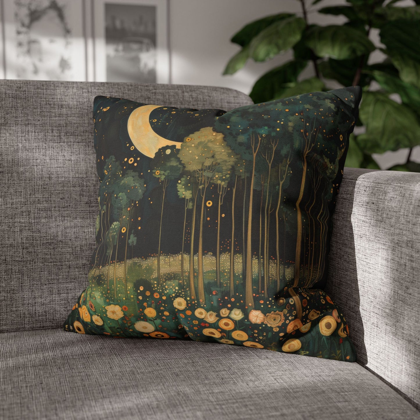 Moonlit Forest Decorative Pillowcase, Gustav Klimt Inspired Night Sky Botanical Cushion
