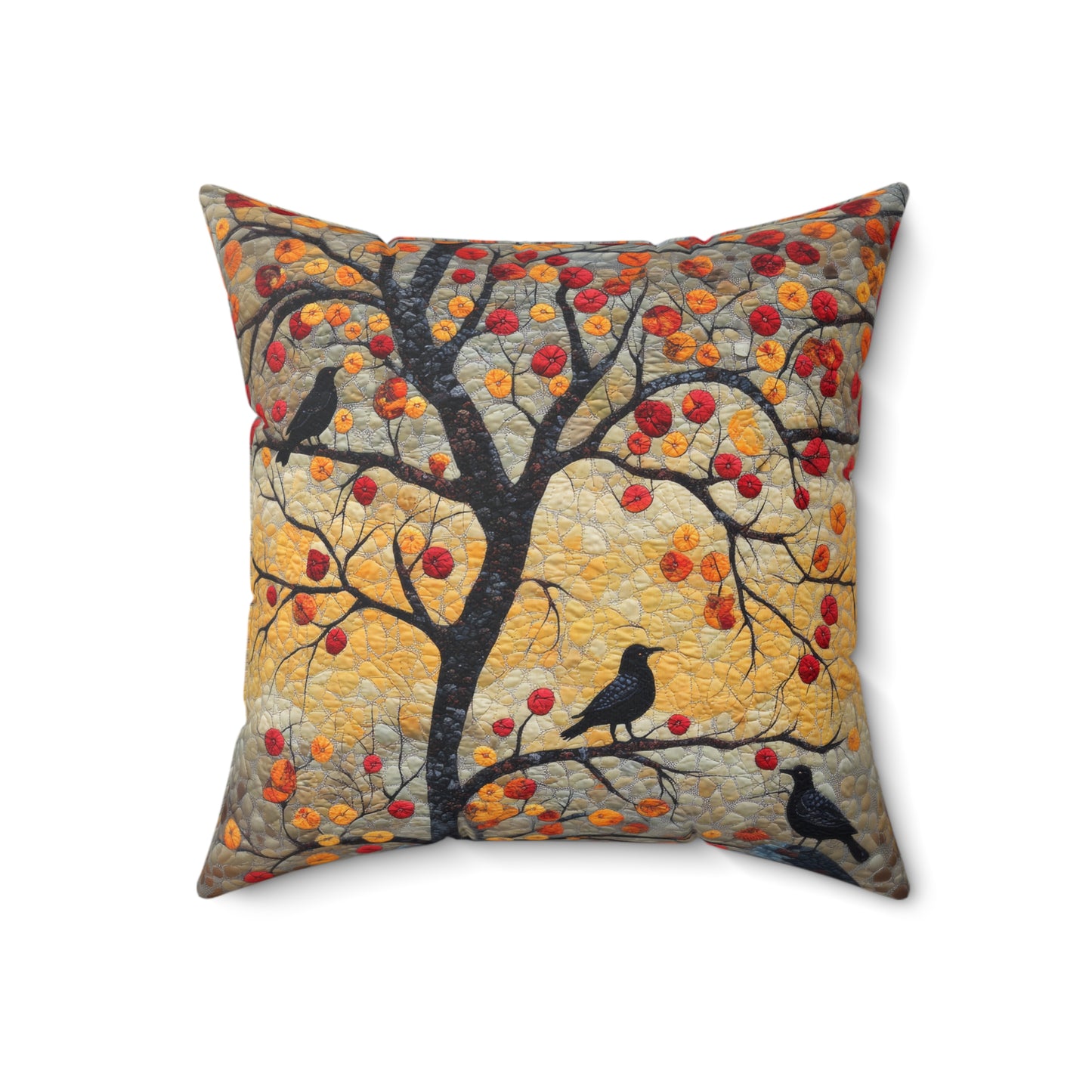 Crows With Autumn OakTree Decorative Pillow, Mosaic Art Style, Fall Pillow Home Decor