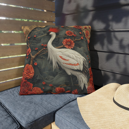 Japanese Crane Floral Outdoor Pillow, Red Crown Crane Throw Pillow, Oriental Bird Cushion, Zen Garden Decor, Asian Inspired Accent Pillow, Nature Lover Gift