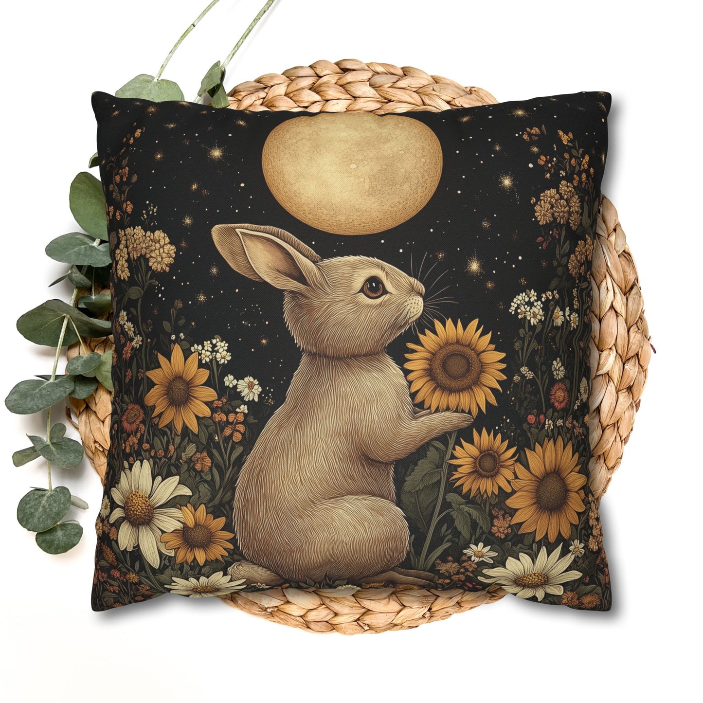 Moonlit Bunny Floral , William Morris Inspired Floral Bunny Pillowcase