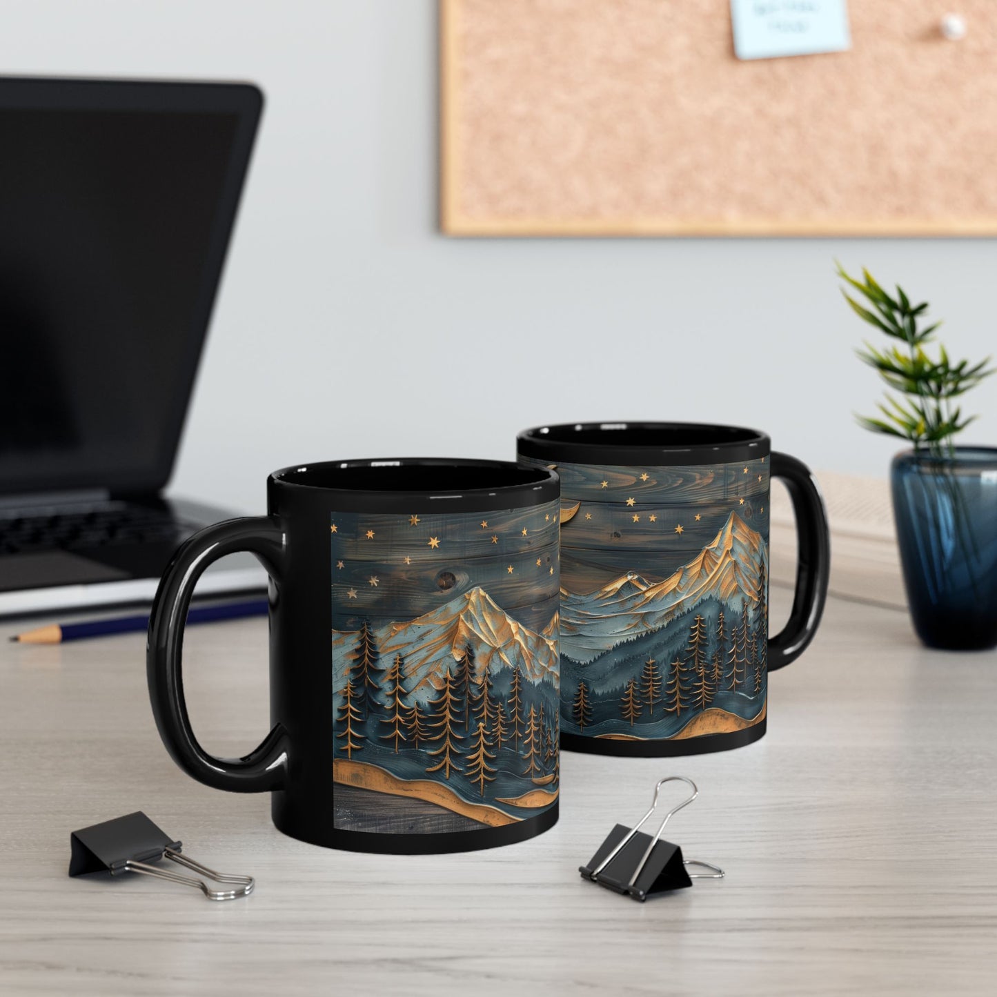 Wooden Crescent Moon Mountain Landscape Black Mug, Winter Carved Wood Art Style Coffee Cup (11oz, 15oz)  Mountain Lover Gift