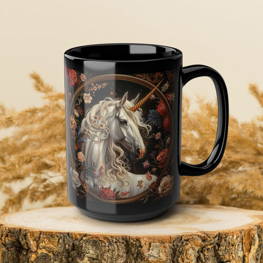 William Morris Inspired Victorian White Unicorn Botanical Black Coffee Mug 11oz, 15oz - Unique Gift for Tea Lovers, Floral Mug, Gift for