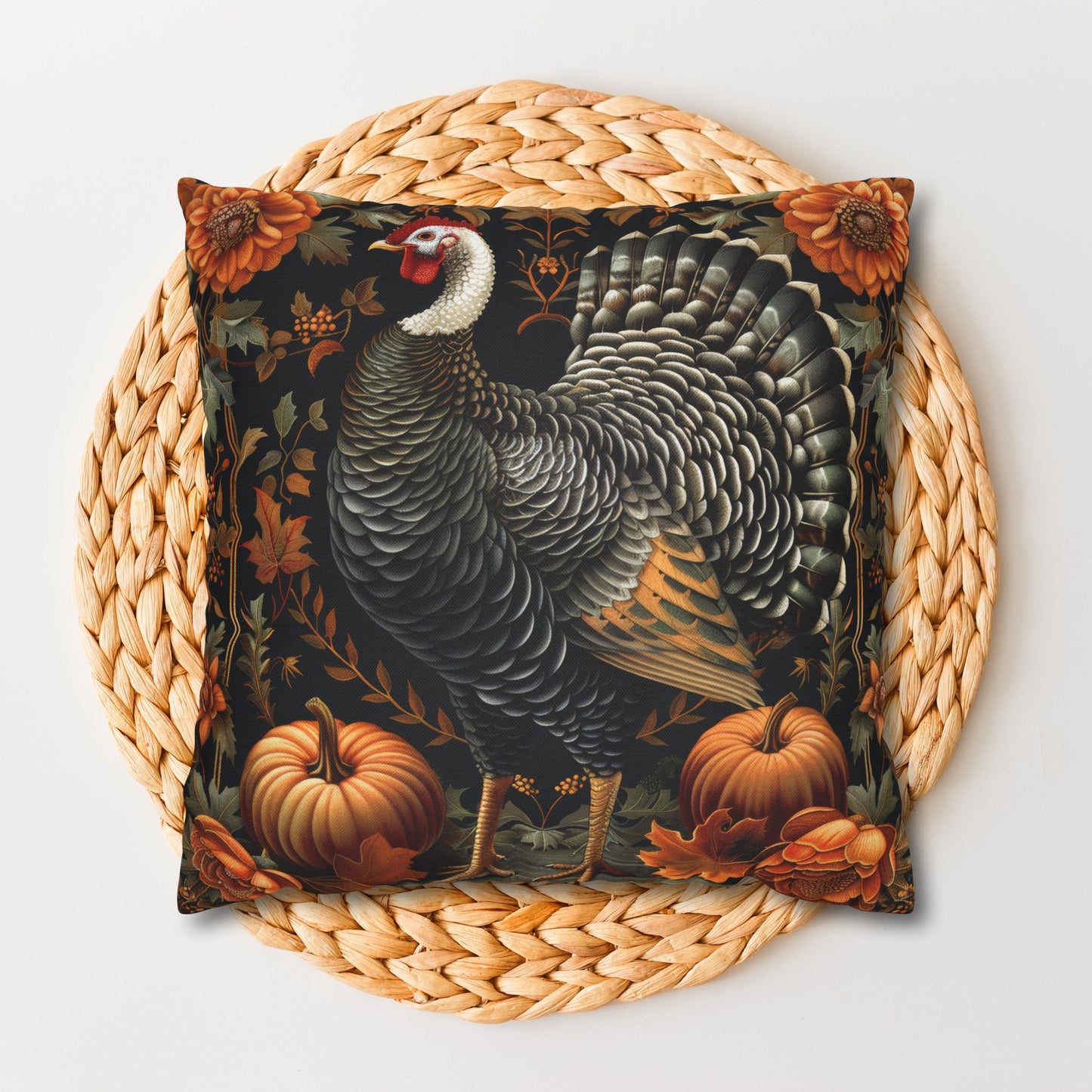 Thanksgiving Turkey Pillowcase, Autumn Harvest Cushion with Pumpkins & Flowers, Rustic Fall Farmhouse Decor