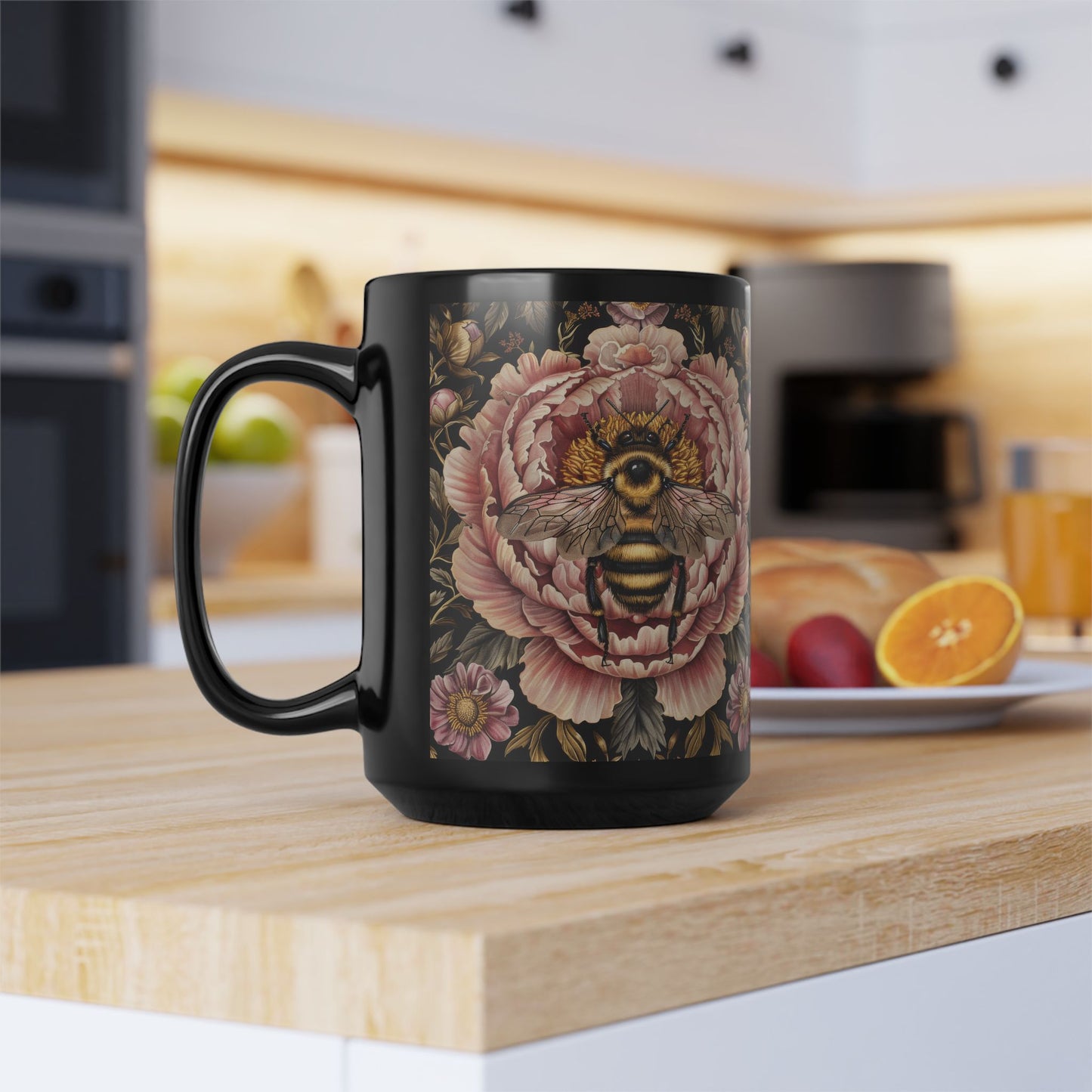 William Morris Inspired Bumblebee Pink Peony Black Coffee Mug For Her Him Ceramic Mug Black Mug 11oz, 15oz