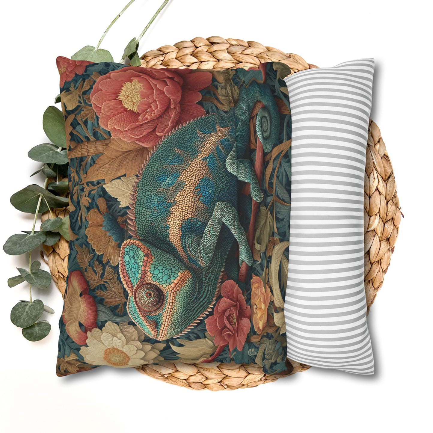 Teal Chameleon Floral Pillowcase, William Morris Style Lizard Cushion with Vintage Botanical Design