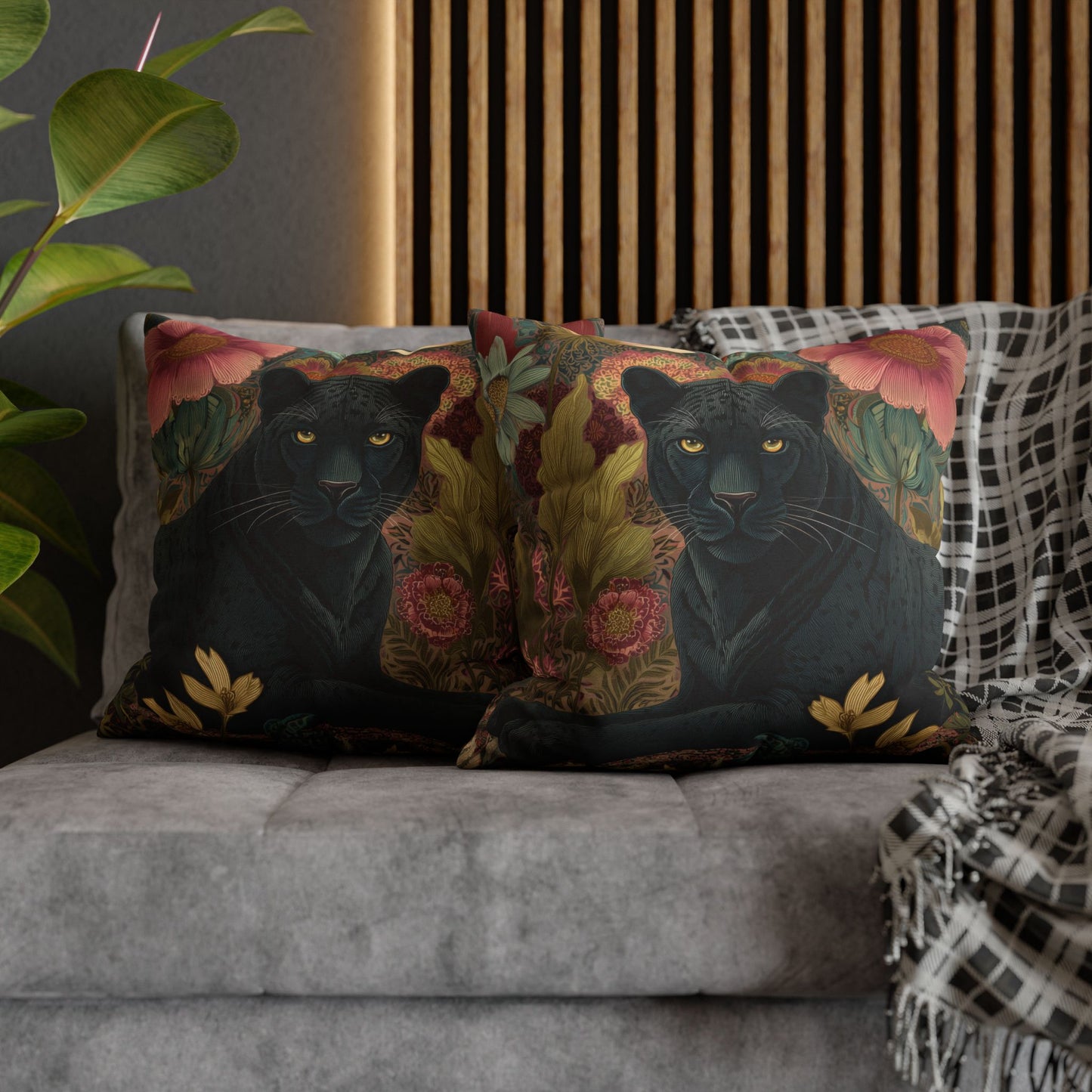 Black Panther Pillowcase, Elegant Botanical Animal Cushion, William Morris Inspired Floral Jungle