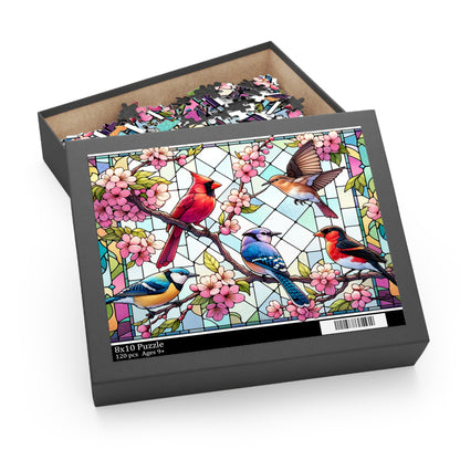 Stained Glass of 5 Spring Birds Jigsaw Puzzle (120, 252, 500-Piece) Adult Jigsaw Puzzle, Gift Him Her