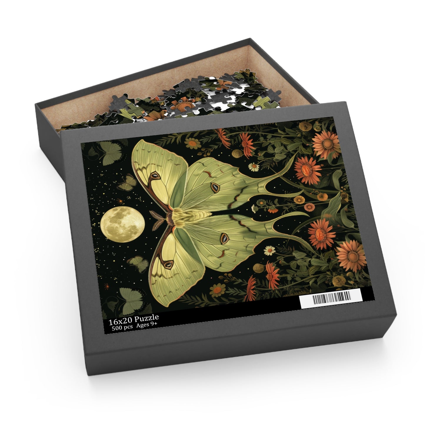 William Morris Inspired Magical Green Luna Moth Night Moon Puzzle Box (120, 252, 500-Piece) Family Jigsaw Puzzle, Puzzle Box Gift