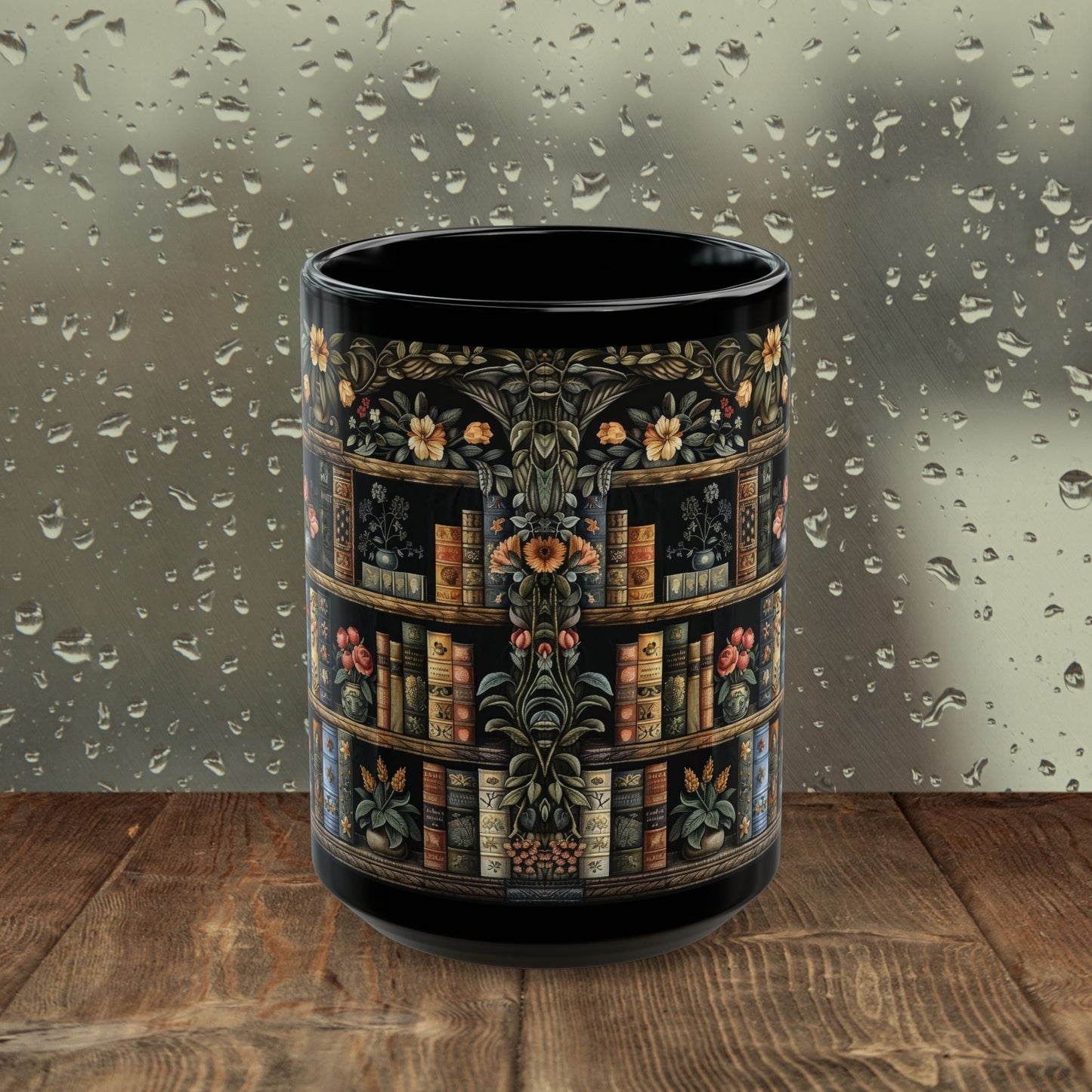 Vintage Bookshelf Mug, William Morris Style Library Black Ceramic Mug, Dark Academia Floral Book Lover Coffee Cup 11oz & 15oz
