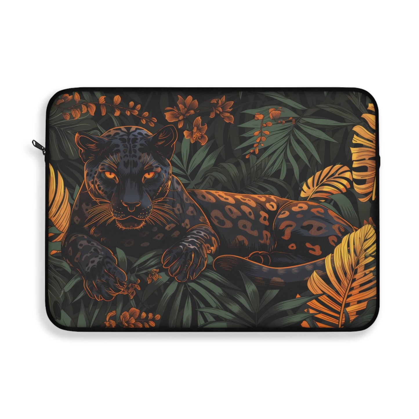 Black Jaguar Laptop Sleeve, Tropical Jungle Art Case, Dark Botanical Panther Design Laptop Cover
