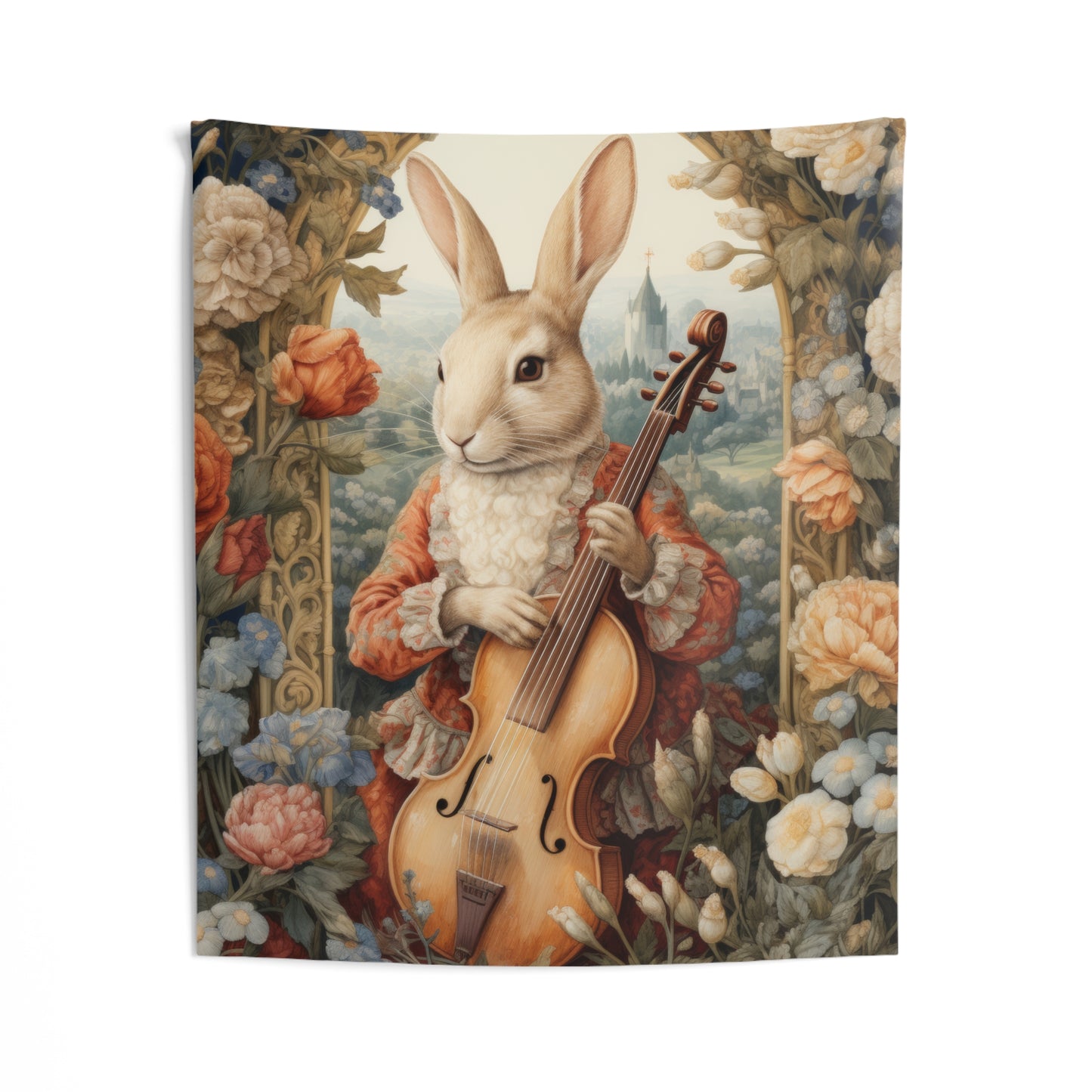 Tapestry of Rococo Rabbit Plays The Cello William Morris Inspired Indoor Wall Tapestries