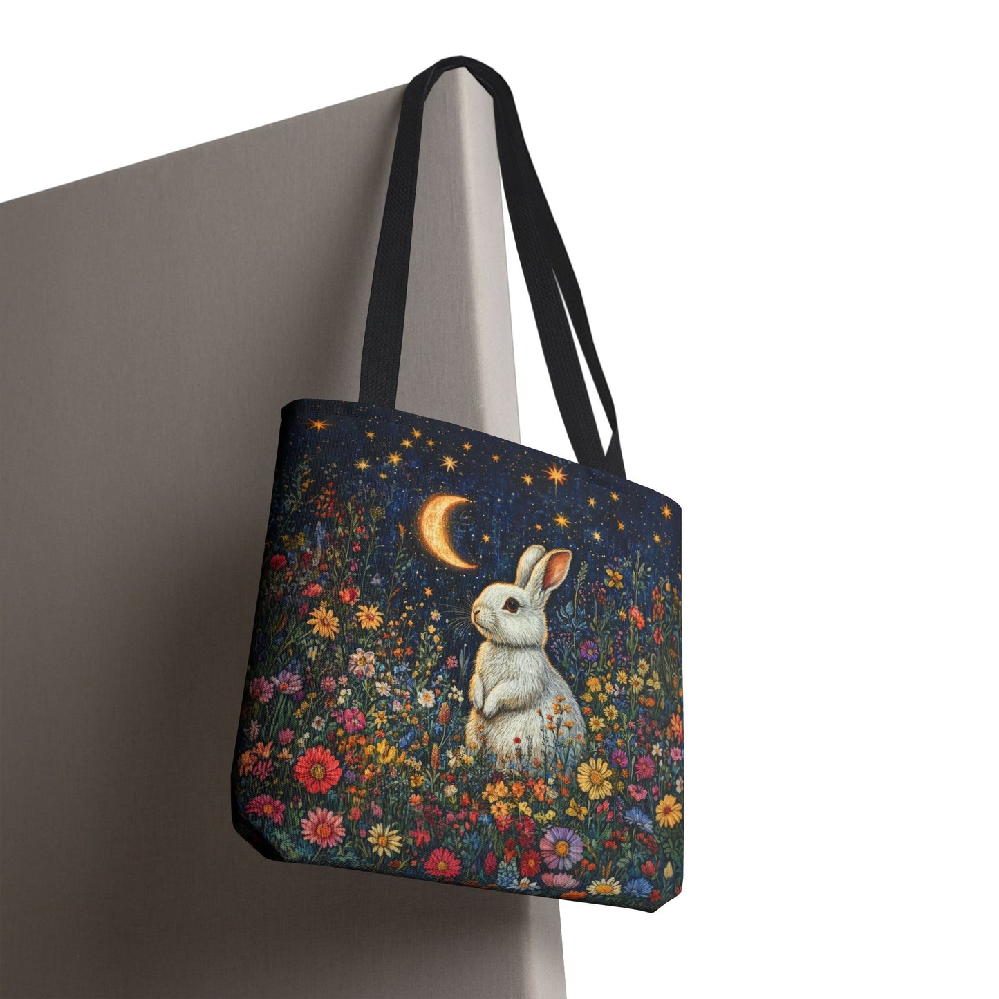 William Morris Inspired Moonlit Bunny Tote Bag, Celestial Rabbit Floral Market Bag