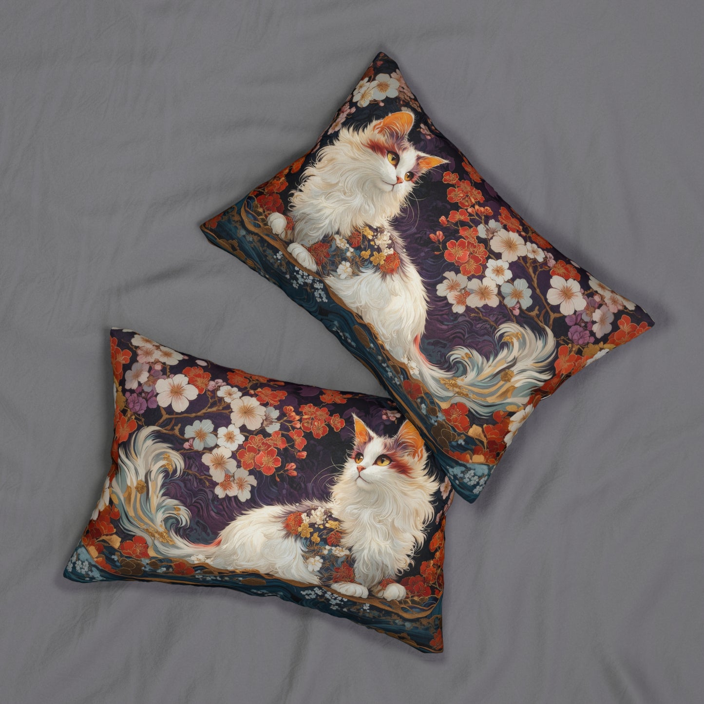 A White Calico Cat Cherry Blossom Japanese Art Style  Lumbar Pillow