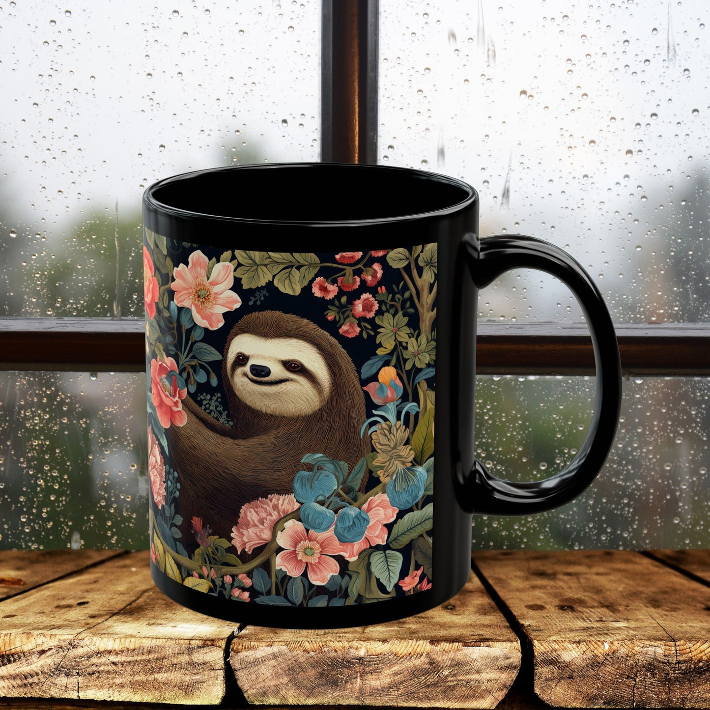 Floral Sloth Black Mug - Cute Coffee/Tea Cup (11oz & 15oz)