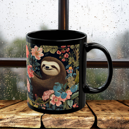 Floral Sloth Black Mug - Cute Coffee/Tea Cup (11oz & 15oz)