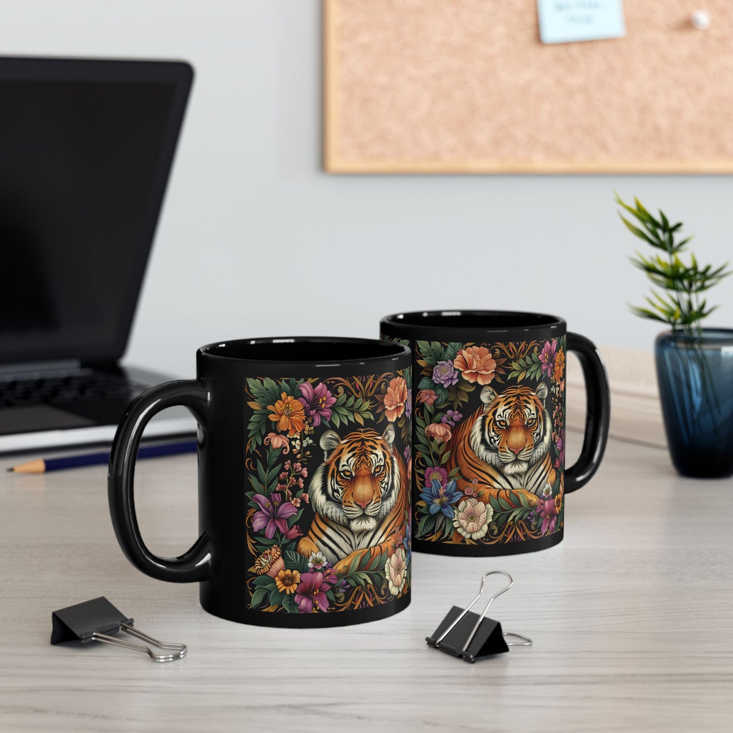 Tropical Tiger William Morris Inspired Black Coffee Mug For Her Him Ceramic Mug Black Mug  11oz, 15oz