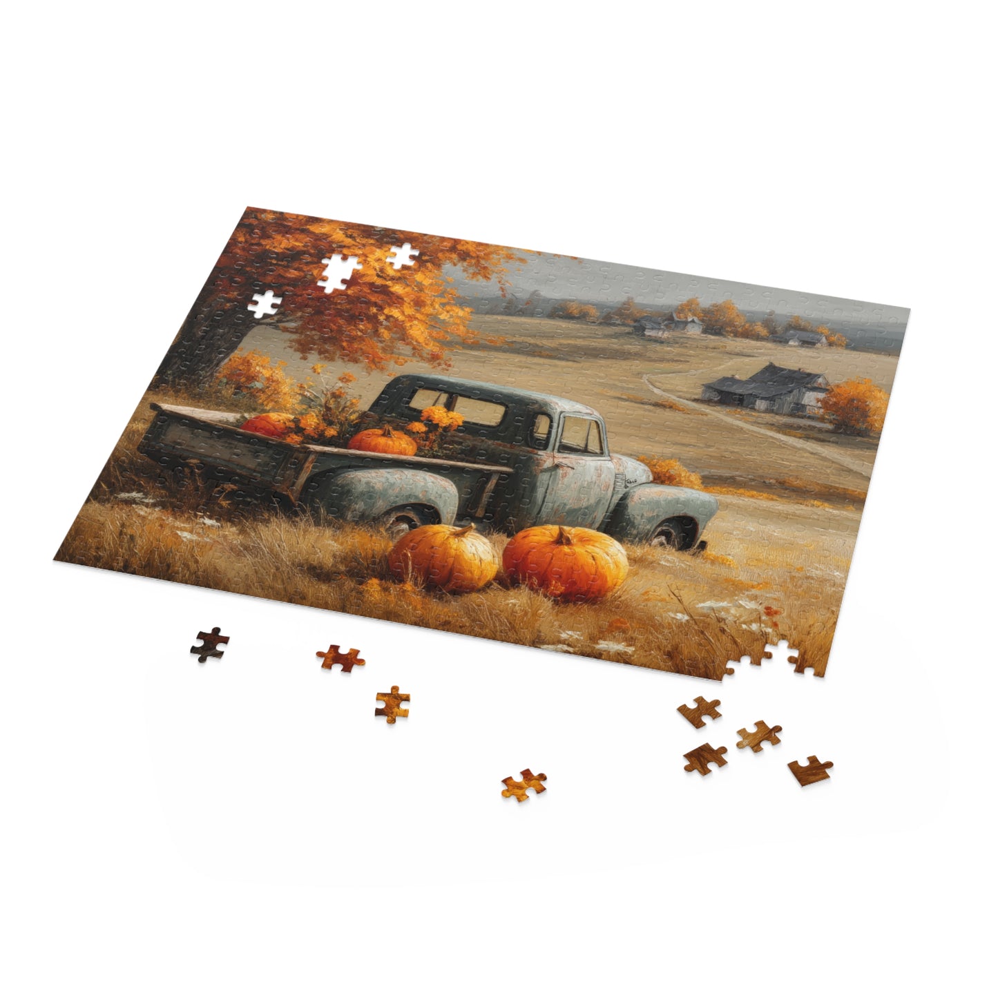 Autumn Vintage Truck Puzzle, Rustic Fall Farmhouse Jigsaw with Pumpkins (120, 252, 500 Pieces)