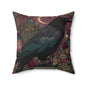 Mystical Raven Gothic Pillow with Floral Castle Art, Spooky Halloween Decor, Dark Academia Throw Pillow