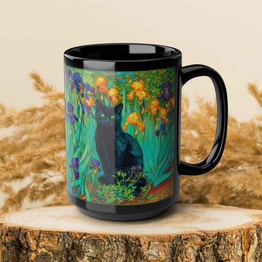 Black Cat Iris Mug, Van Gogh Inspired Cat Art Mug, Colorful Impressionist Floral Black Ceramic Mug, Artistic Cat Lover Gift, 11oz & 15oz