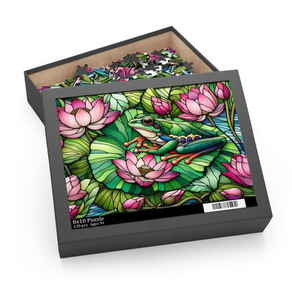 Stained Glass Frog Pink Water Lily Puzzle (120, 252, 500-Piece) Family Jigsaw Puzzle, Puzzle Box Gift