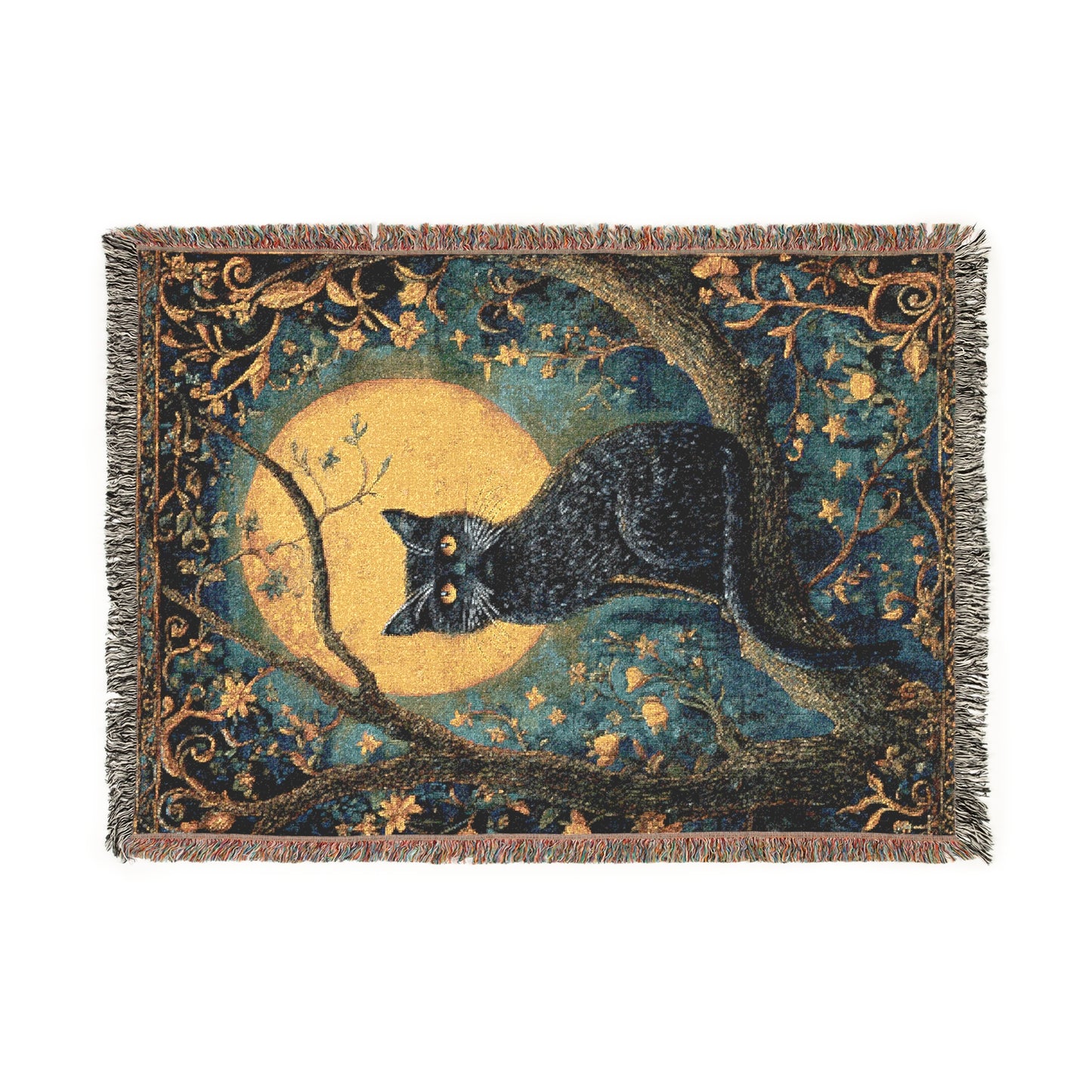 Mystic Moon Cat Woven Blanket, Black Cat Tapestry Style Throw, Celestial Night Decor