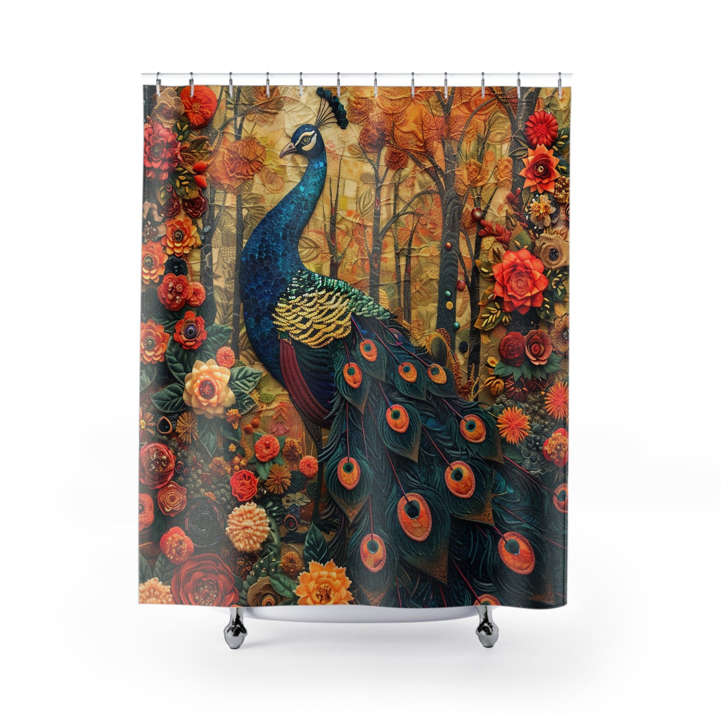 William Morris Inspired Floral Peacock | Art Deco Bathroom Decor | Nature Polyester Shower Curtain