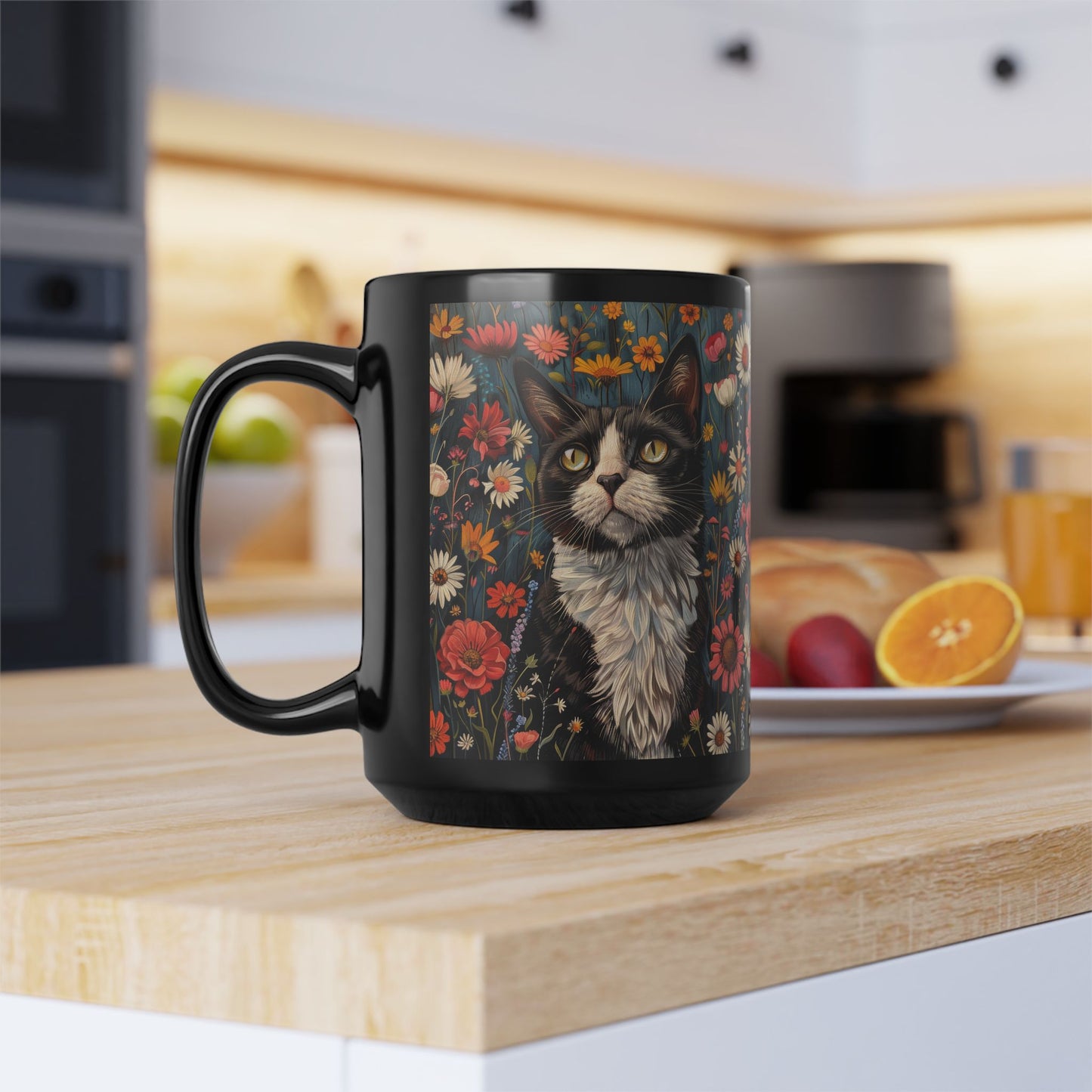 Tuxedo Cat Floral Mug, Vintage Botanical Cat Coffee Mug, William Morris Inspired Black Ceramic Mug 11oz & 15oz