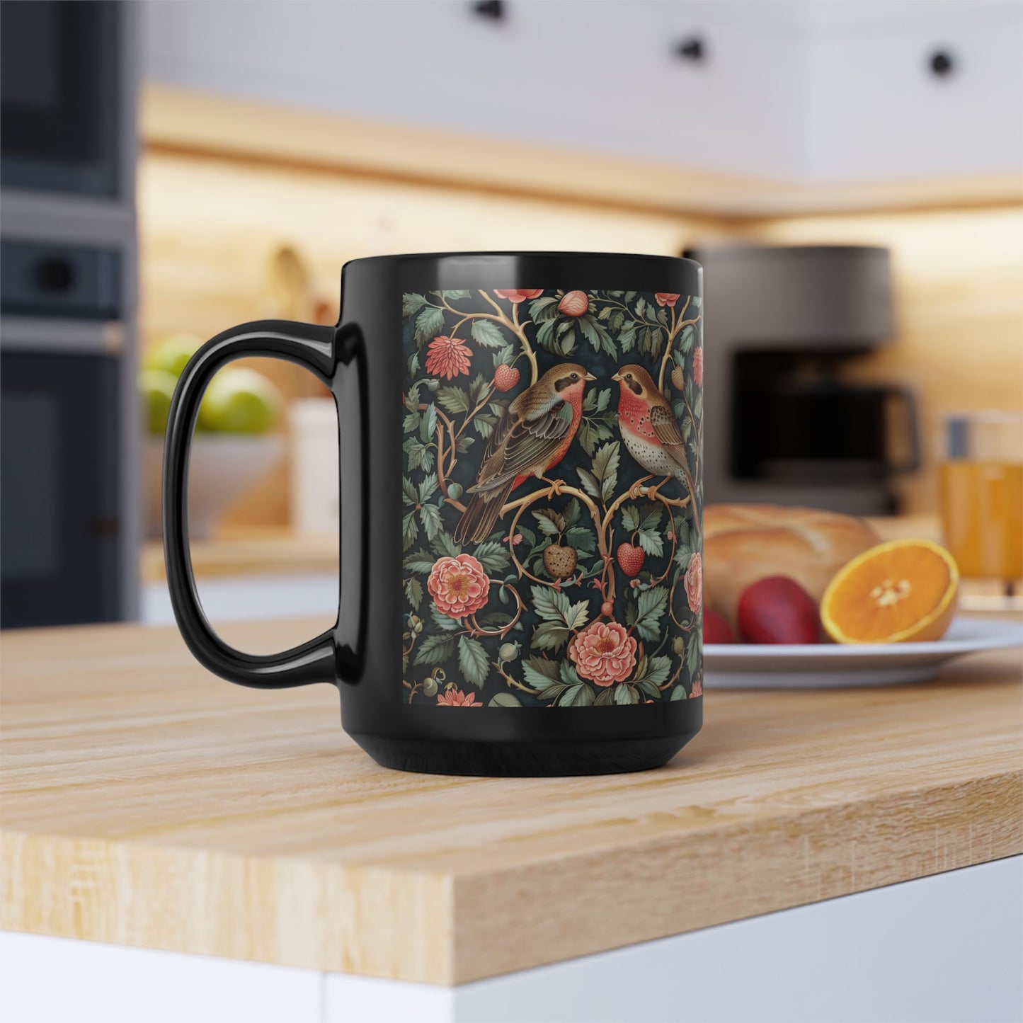 William Morris Inspired Botanical Birds Black Coffee Mug 11oz, 15 oz