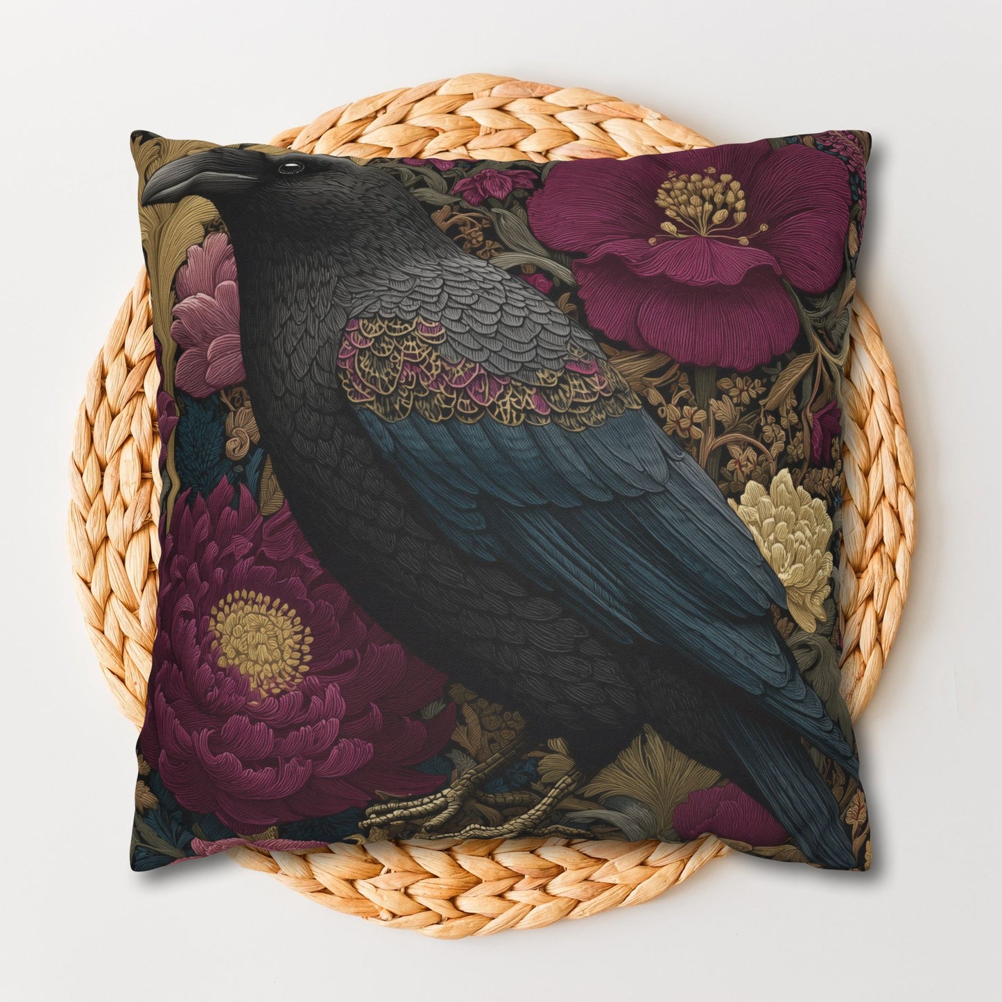 Elegant Raven & Peony Floral Pillow, Gothic Dark Academia Throw Pillow, Bohemian Raven Pillow, Gothic Home Decor, Gift for Bird Lovers